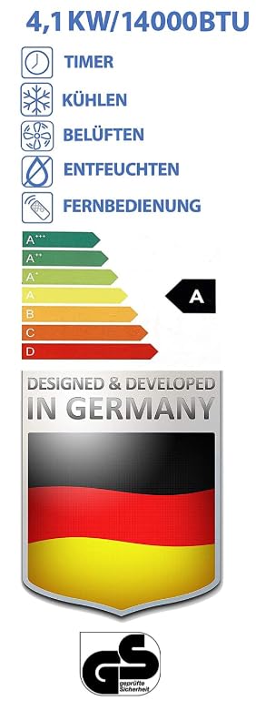 Jung AIR TV07 Mobile Klimaanlage, 4.1KW / 14000 BTU, Fernbedienung, 60dB, 24h-Timer, Entfeuchtungsfunktion, Klimagerät mit Abluftschlauch, Energieklasse A, 140m³ Raum Kühlung, Weiß