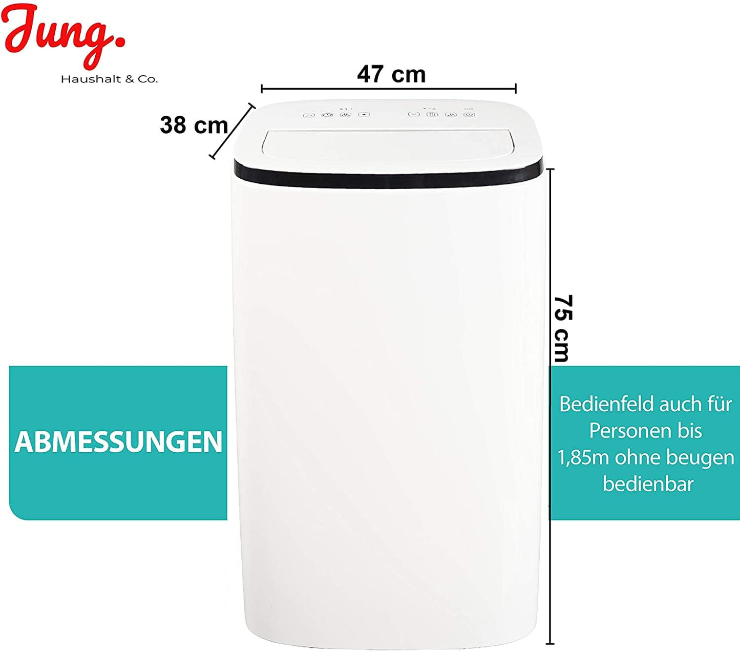 Jung AIR TV07 Mobile Klimaanlage, 4.1KW / 14000 BTU, Fernbedienung, 60dB, 24h-Timer, Entfeuchtungsfunktion, Klimagerät mit Abluftschlauch, Energieklasse A, 140m³ Raum Kühlung, Weiß