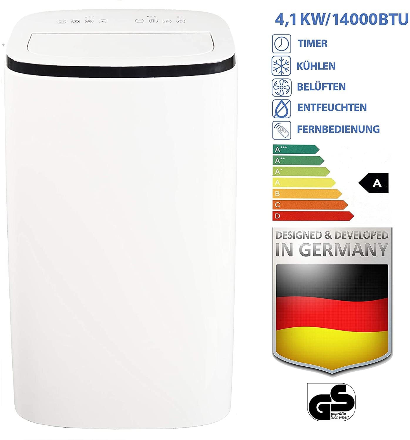 Jung AIR TV07 Mobile Klimaanlage, 4.1KW / 14000 BTU, Fernbedienung, 60dB, 24h-Timer, Entfeuchtungsfunktion, Klimagerät mit Abluftschlauch, Energieklasse A, 140m³ Raum Kühlung, Weiß
