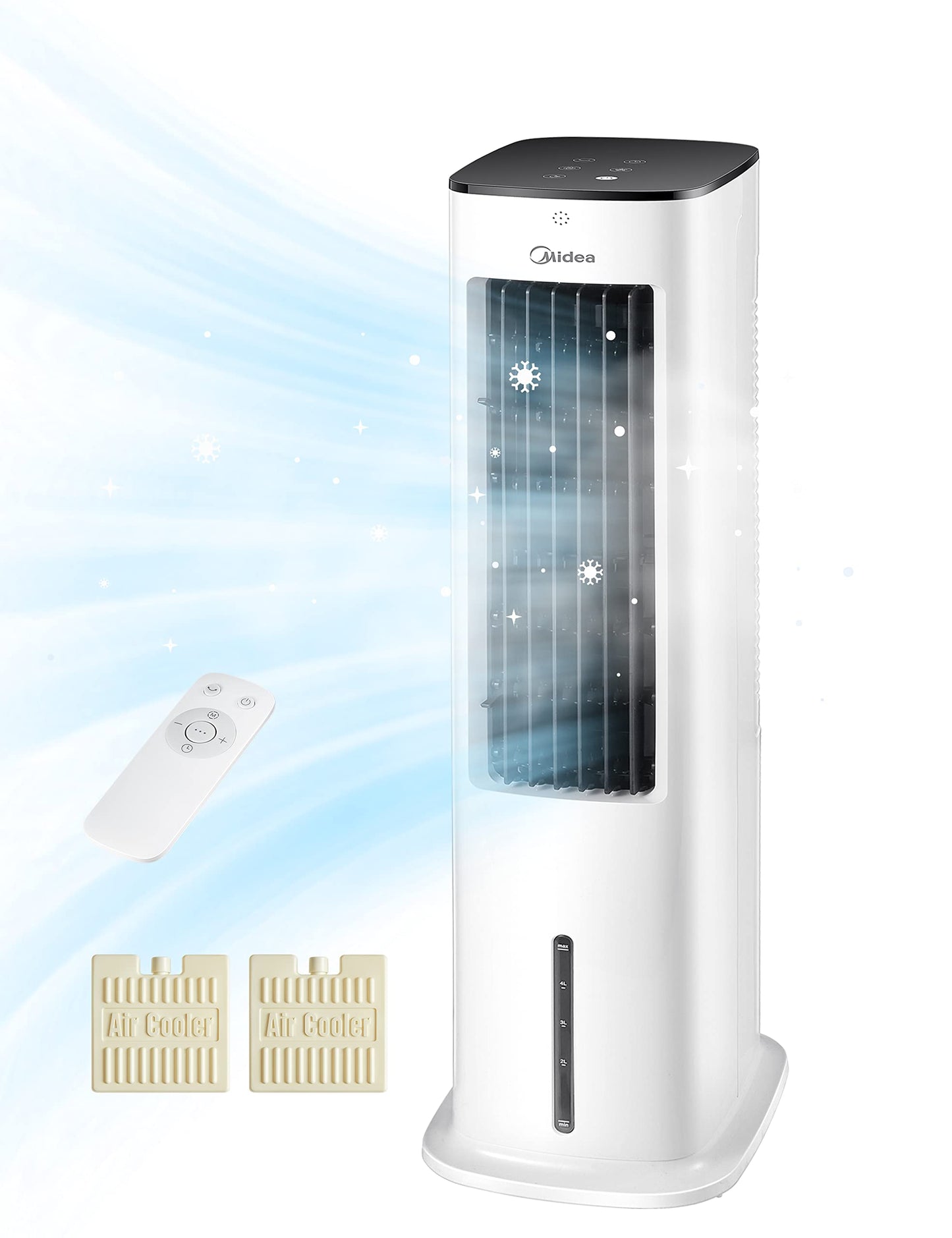 Midea 4-in-1 Mobile Klimaanlage ohne Abluftschlauch, Turmventilator mit Wasserkühlung & Luftbefeuchter, 5L Wassertank, 355m³/h Luftstrom, Ionisation, Fernbedienung, 55W, Weiß