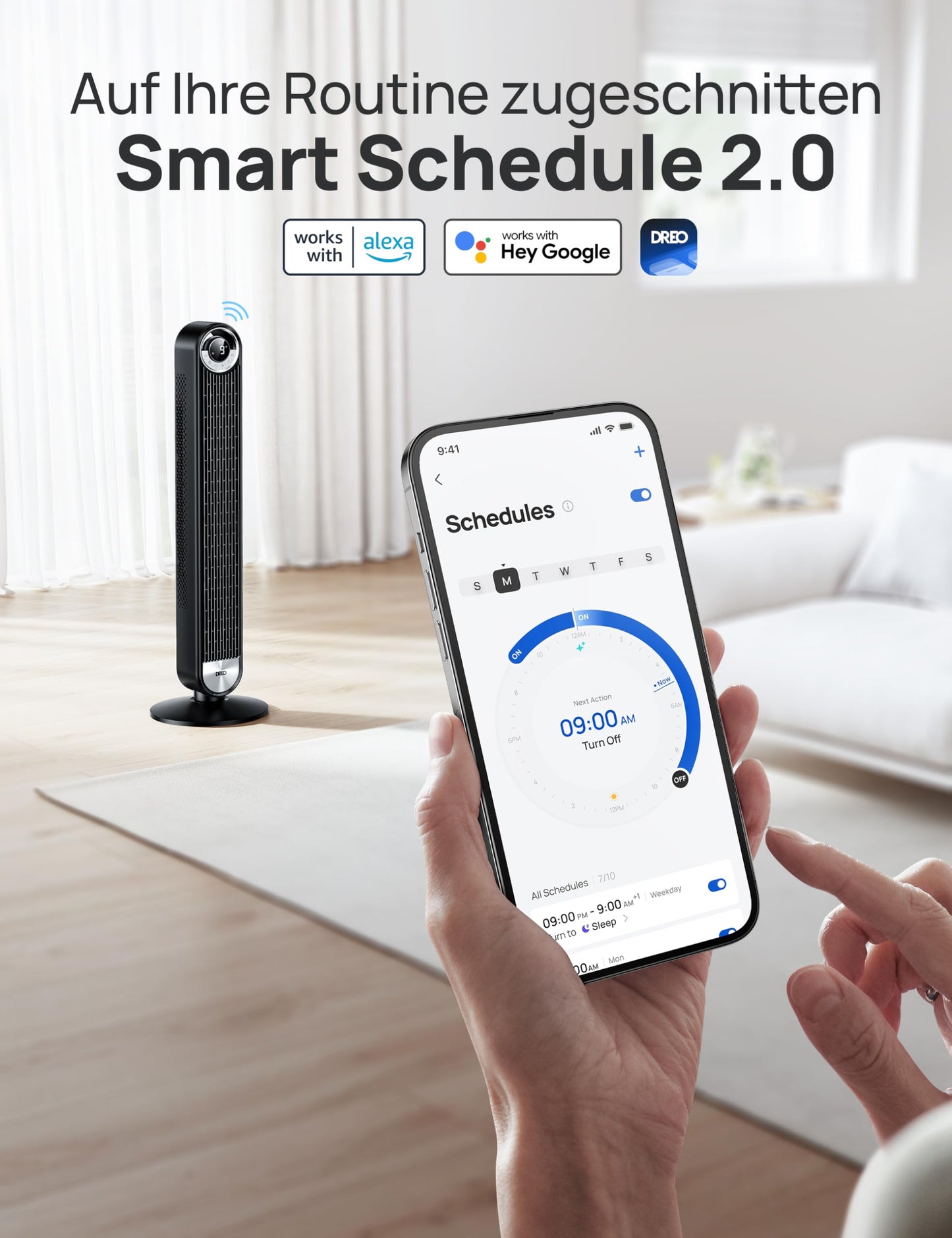 Dreo Cruiser Pro T2S Smart Turmventilator mit Kühlung, 106cm, WiFi Alexa, 90° Oszillierender Ventilator, Fernbedienung, 9 Geschwindigkeiten, 4 Modi, 12 Std Timer, Sprachsteuerung, Schwarz