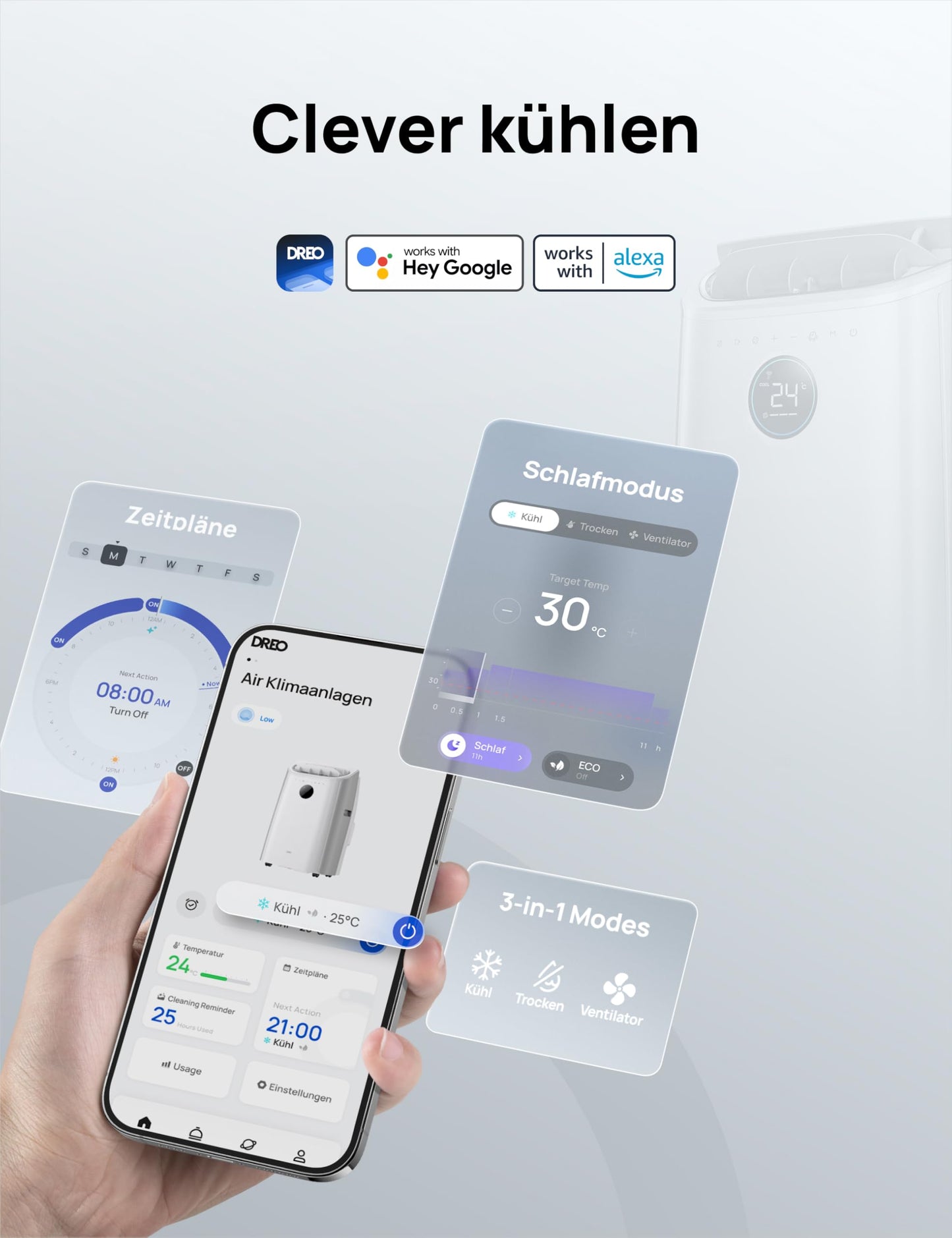Dreo Tragbare Klimaanlage 10.000 BTU, AC Einheit für Schlafzimmer, Drainagefreie Kühlung, APP/Fernbedienung/Sprachsteuerung, 24h Timer, Ventilator & Luftentfeuchter, AC515S