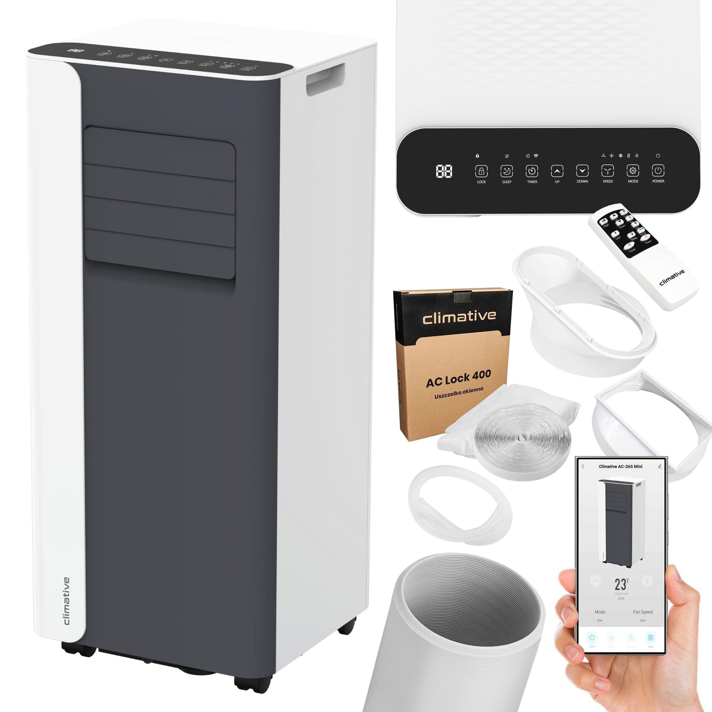 Climative Mobile Klimaanlage 9000 BTU, WiFi Tuya Smart, 2.6 kW, 3-in-1 Portable Air Conditioner, Mit Abluftschlauch, Für Räume bis 26m², Fensterabdichtung