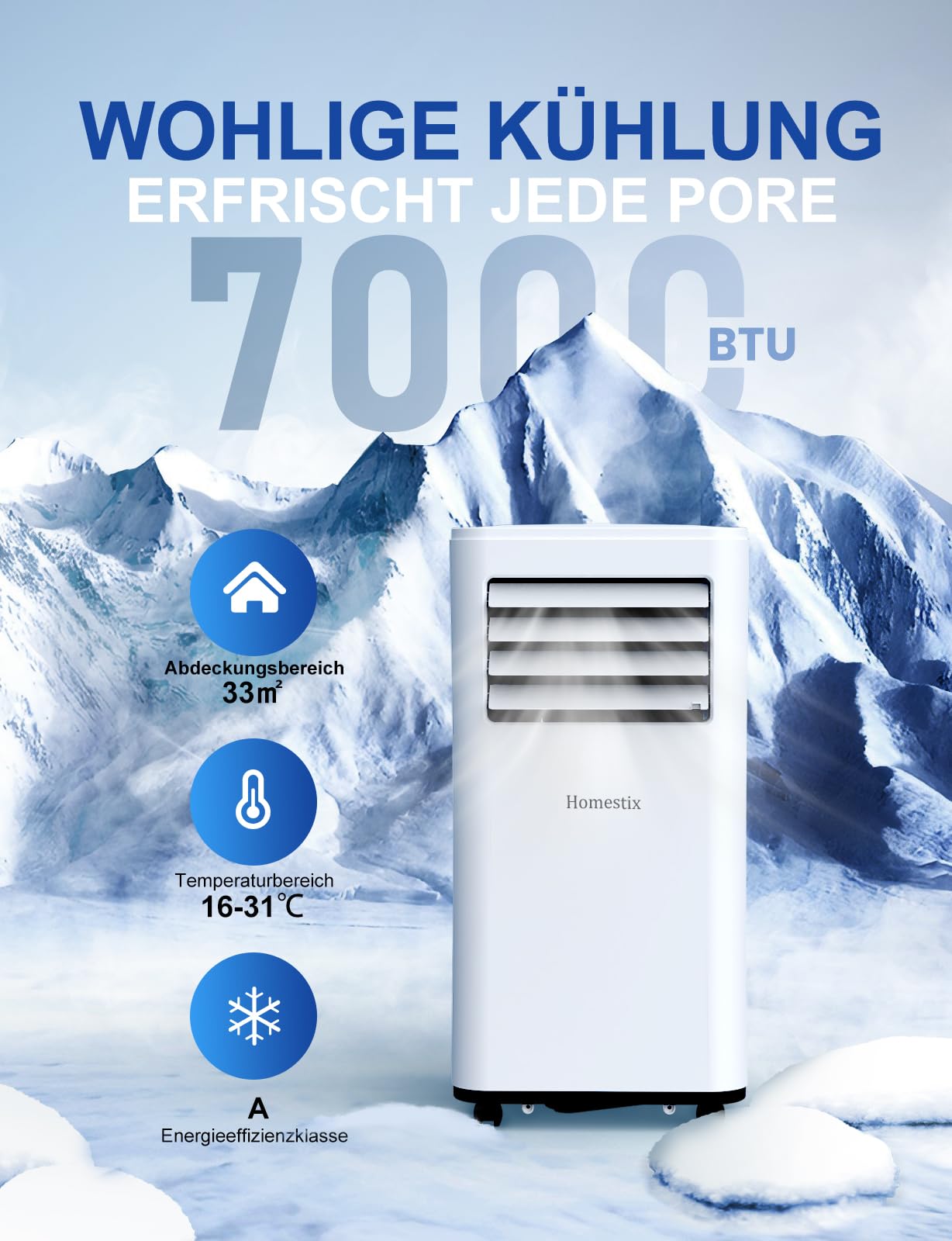 Klimaanlage Mobil 7000 BTU, 4-in-1 Mobile Klimaanlage, Kühlung, Entfeuchtung, 2-Stufige Belüftung, Mobiles Klimagerät mit Abluftschlauch, Digitalanzeige, 24h-Timer, Kühlfläche bis zu 68m³ (25m²)