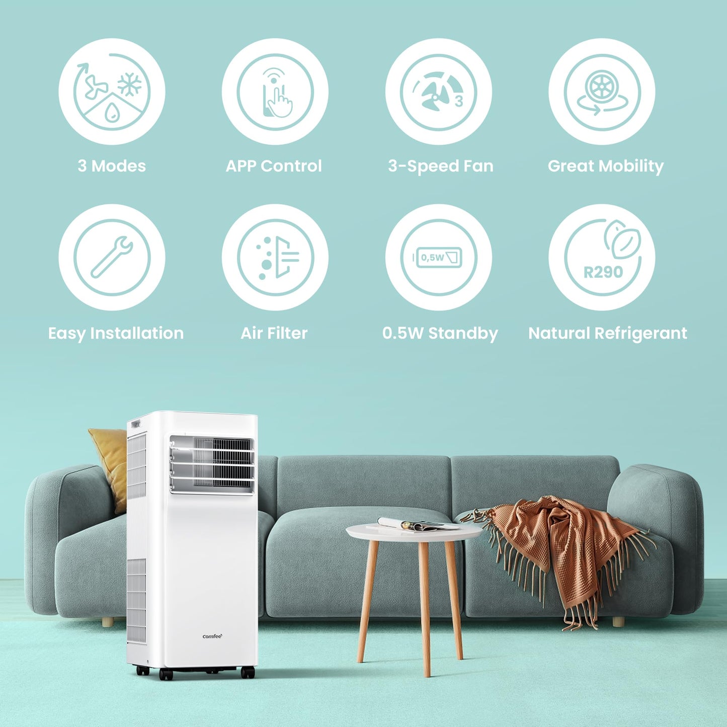 Comfee Mobile Klimagerät Breezy Cool Pro 2.0, 7000 BTU, 2.0kW, Kühlen, Ventilieren & Entfeuchten, APP-Steuerung, Für Räume bis 68m³ (25m²), Mit Abluftschlauch