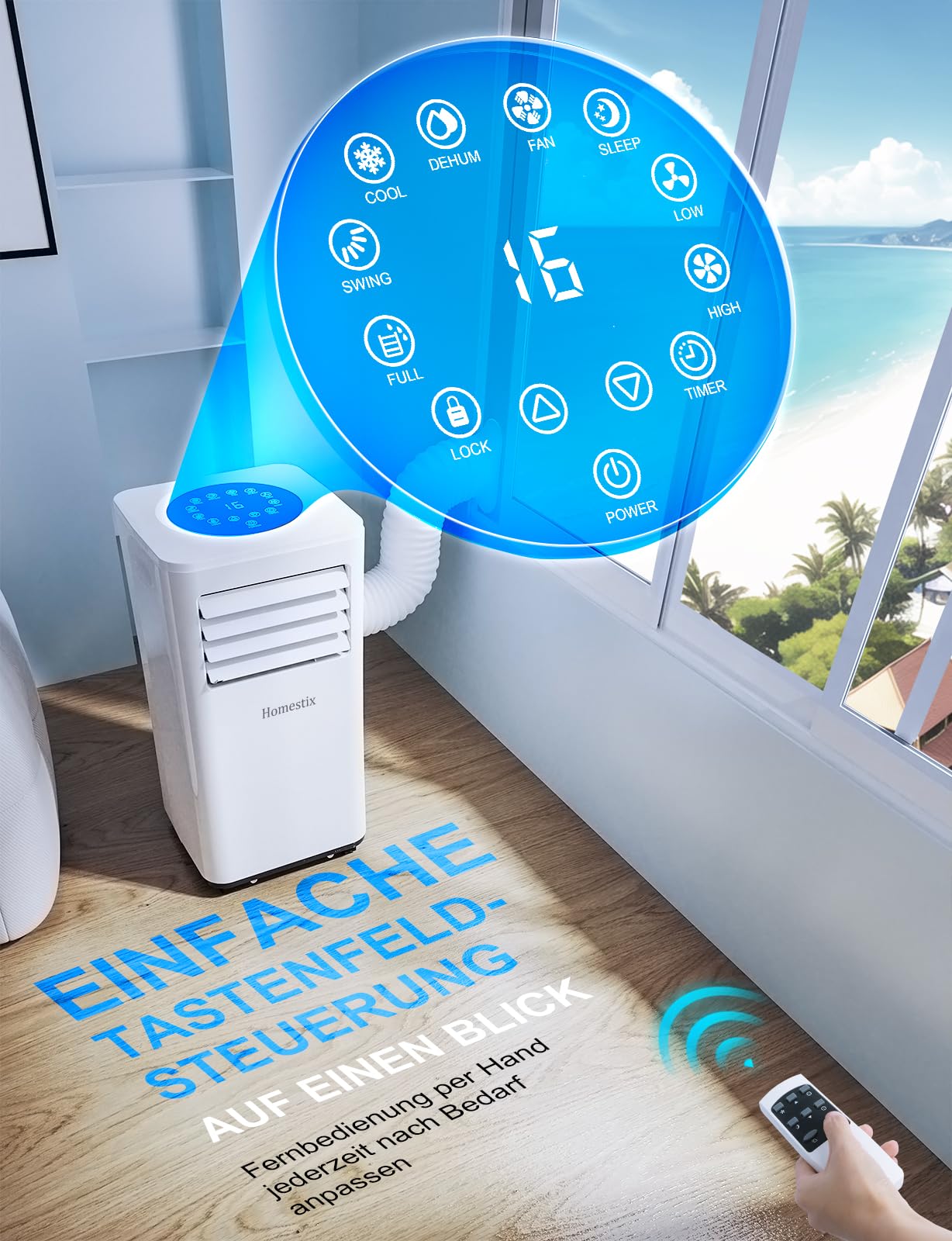 Klimaanlage Mobil 7000 BTU, 4-in-1 Mobile Klimaanlage, Kühlung, Entfeuchtung, 2-Stufige Belüftung, Mobiles Klimagerät mit Abluftschlauch, Digitalanzeige, 24h-Timer, Kühlfläche bis zu 68m³ (25m²)