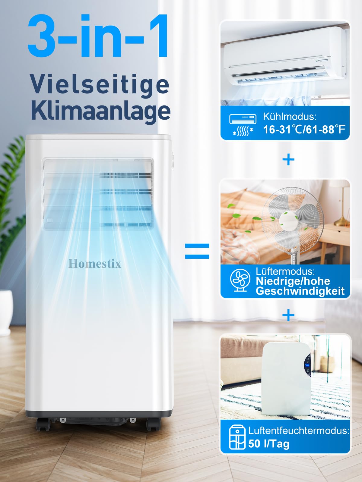 Klimaanlage Mobil 7000 BTU, 4-in-1 Mobile Klimaanlage, Kühlung, Entfeuchtung, 2-Stufige Belüftung, Mobiles Klimagerät mit Abluftschlauch, Digitalanzeige, 24h-Timer, Kühlfläche bis zu 68m³ (25m²)