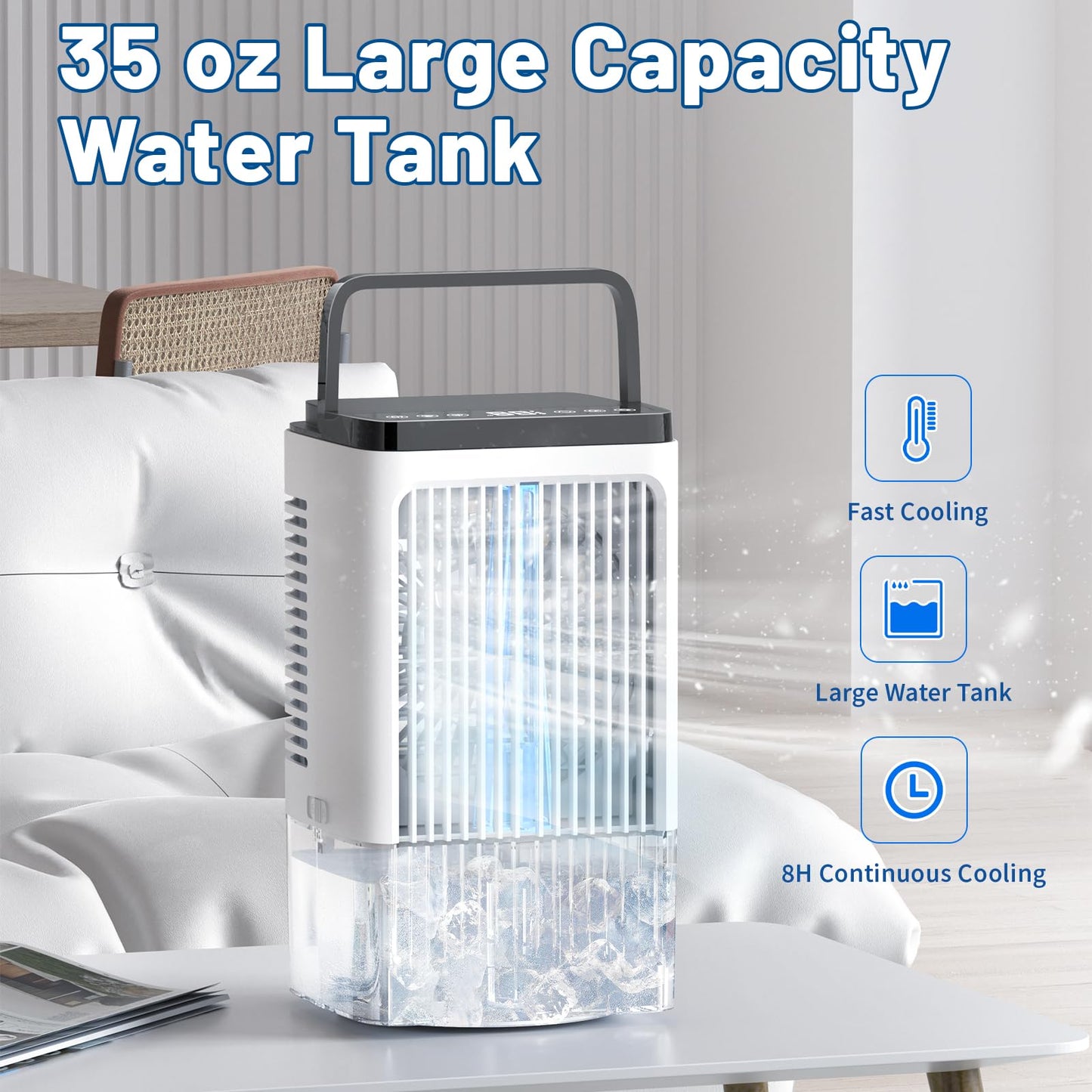 Mobile Klimaanlage, 1500ML Ventilator, 4 Geschwindigkeiten, 7-Farbige LED-Beleuchtung, 2 Sprühfunktionen, 1-8 Stunden Timer, Ideal für Schlafzimmer und Büros