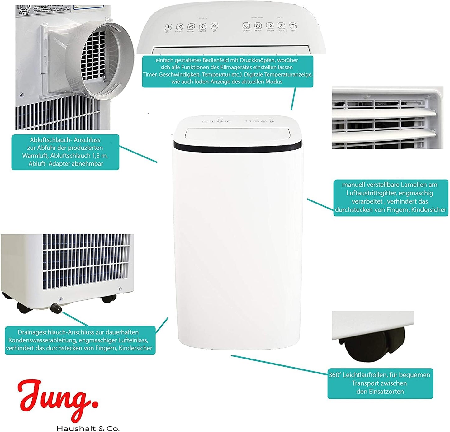 Jung AIR TV07 Mobile Klimaanlage, 4.1KW / 14000 BTU, Fernbedienung, 60dB, 24h-Timer, Entfeuchtungsfunktion, Klimagerät mit Abluftschlauch, Energieklasse A, 140m³ Raum Kühlung, Weiß