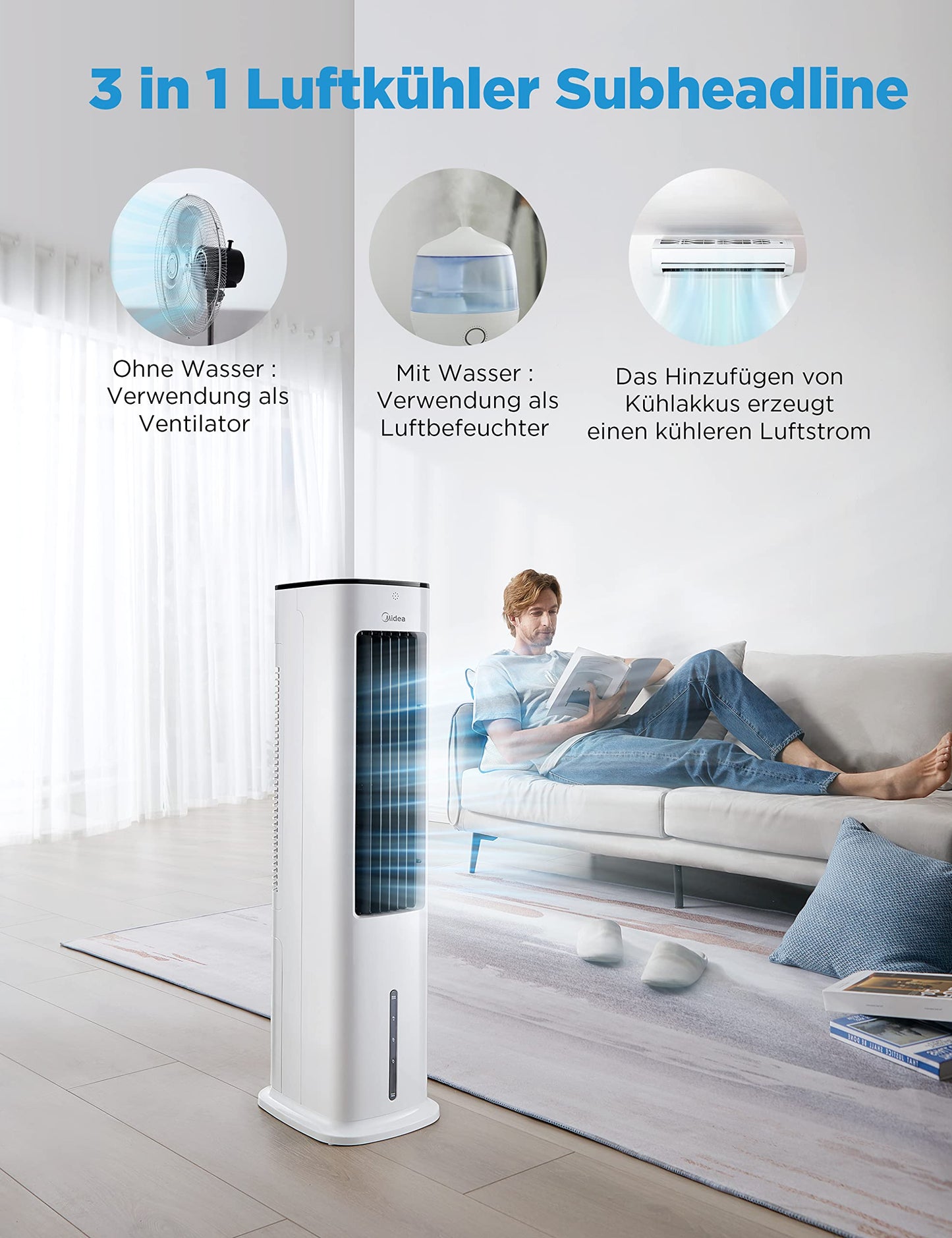 Midea 4-in-1 Mobile Klimaanlage ohne Abluftschlauch, Turmventilator mit Wasserkühlung & Luftbefeuchter, 5L Wassertank, 355m³/h Luftstrom, Ionisation, Fernbedienung, 55W, Weiß