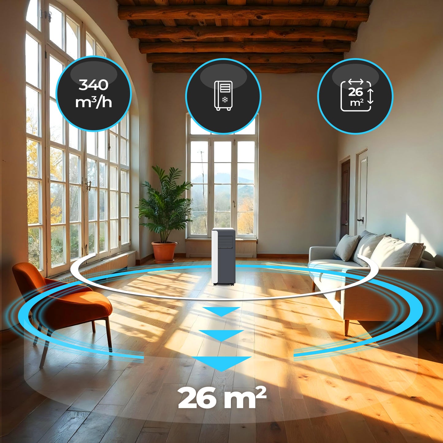 Climative Mobile Klimaanlage 9000 BTU, WiFi Tuya Smart, 2.6 kW, 3-in-1 Portable Air Conditioner, Mit Abluftschlauch, Für Räume bis 26m², Fensterabdichtung