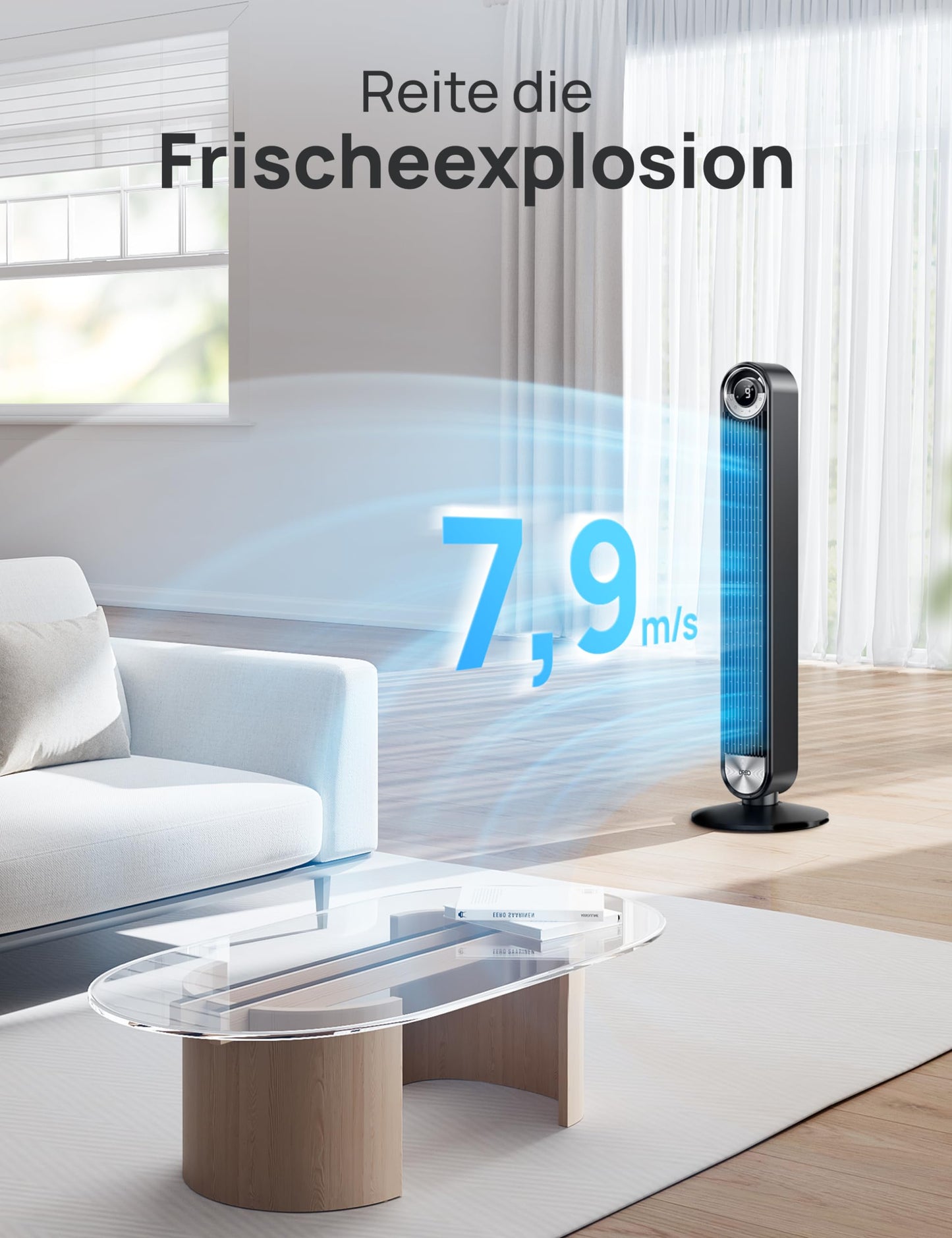 Dreo Cruiser Pro T2S Smart Turmventilator mit Kühlung, 106cm, WiFi Alexa, 90° Oszillierender Ventilator, Fernbedienung, 9 Geschwindigkeiten, 4 Modi, 12 Std Timer, Sprachsteuerung, Schwarz