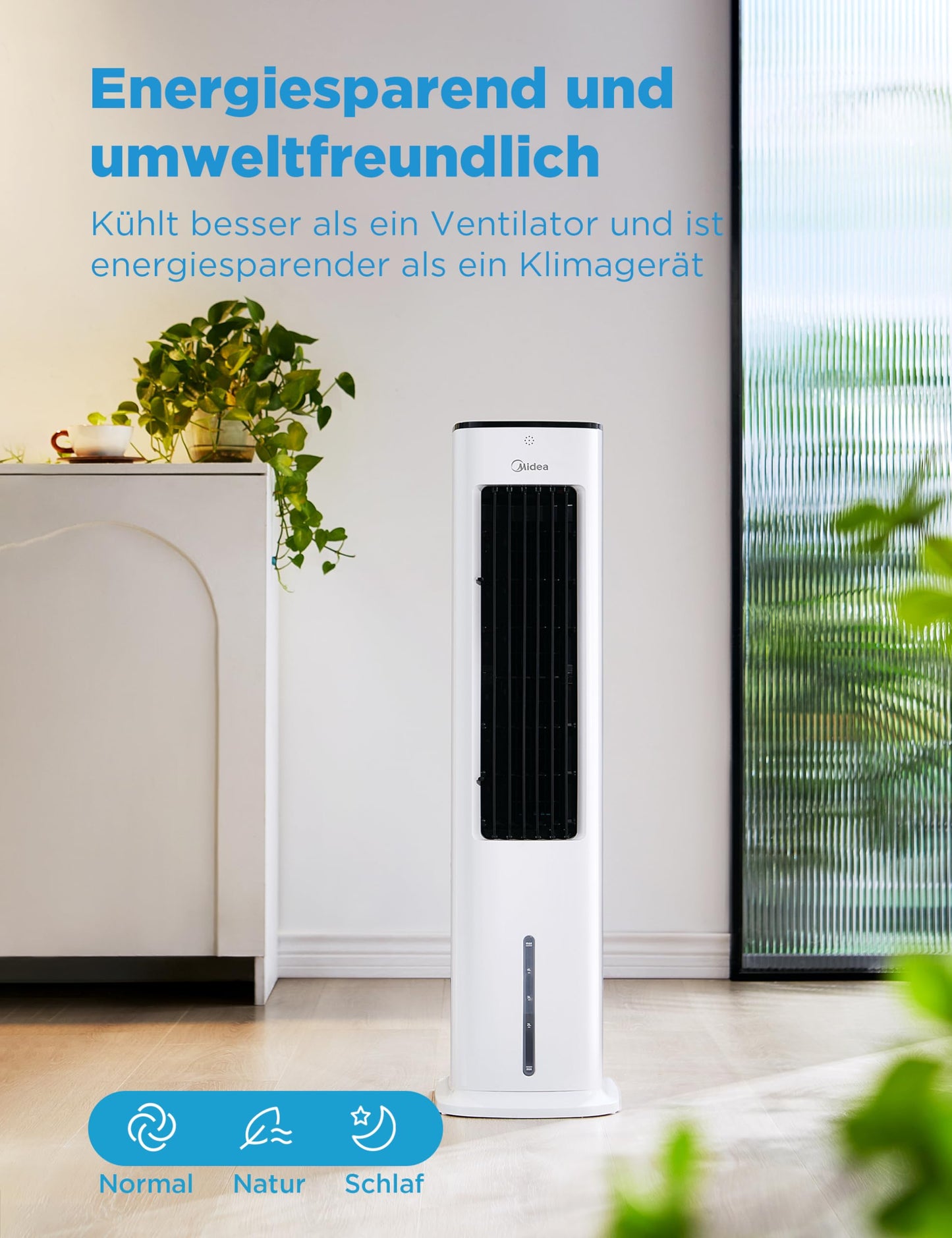 Midea 4-in-1 Mobile Klimaanlage ohne Abluftschlauch, Turmventilator mit Wasserkühlung & Luftbefeuchter, 5L Wassertank, 355m³/h Luftstrom, Ionisation, Fernbedienung, 55W, Weiß