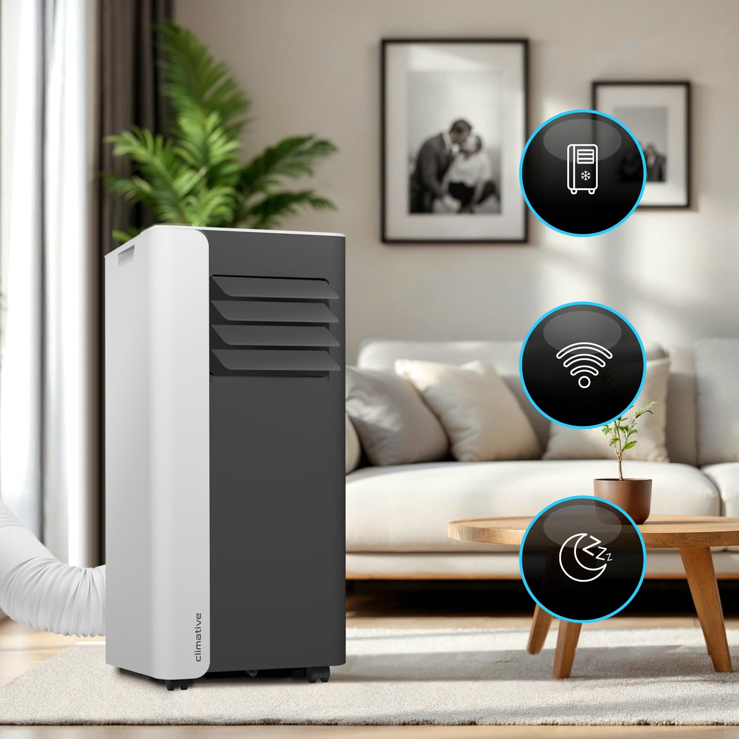 Climative Mobile Klimaanlage 9000 BTU, WiFi Tuya Smart, 2.6 kW, 3-in-1 Portable Air Conditioner, Mit Abluftschlauch, Für Räume bis 26m², Fensterabdichtung