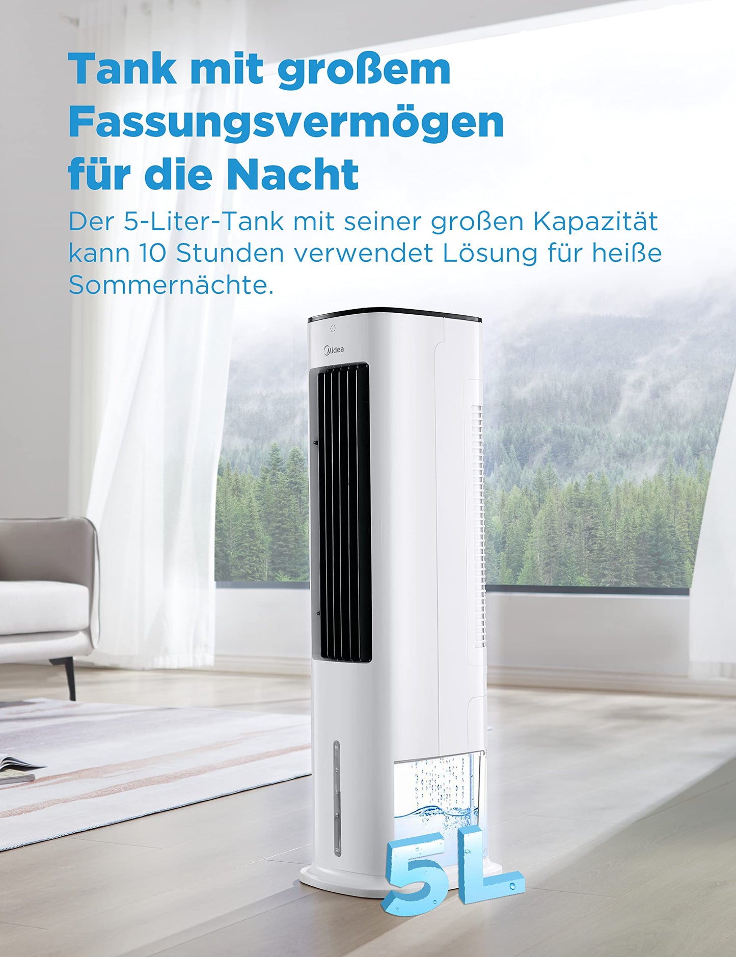 Midea 4-in-1 Mobile Klimaanlage ohne Abluftschlauch, Turmventilator mit Wasserkühlung & Luftbefeuchter, 5L Wassertank, 355m³/h Luftstrom, Ionisation, Fernbedienung, 55W, Weiß