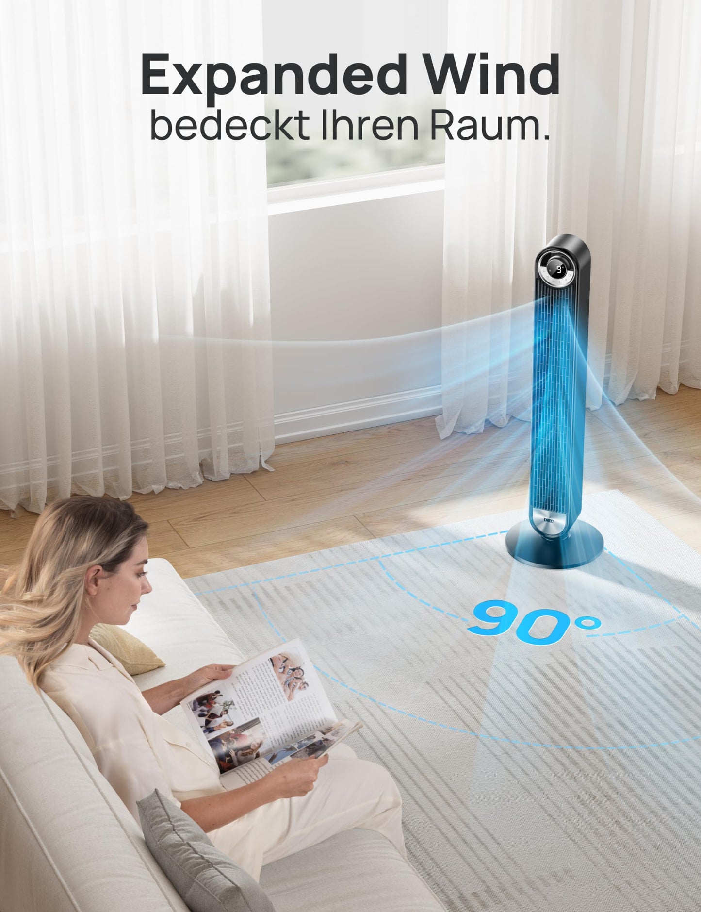 Dreo Cruiser Pro T2S Smart Turmventilator mit Kühlung, 106cm, WiFi Alexa, 90° Oszillierender Ventilator, Fernbedienung, 9 Geschwindigkeiten, 4 Modi, 12 Std Timer, Sprachsteuerung, Schwarz