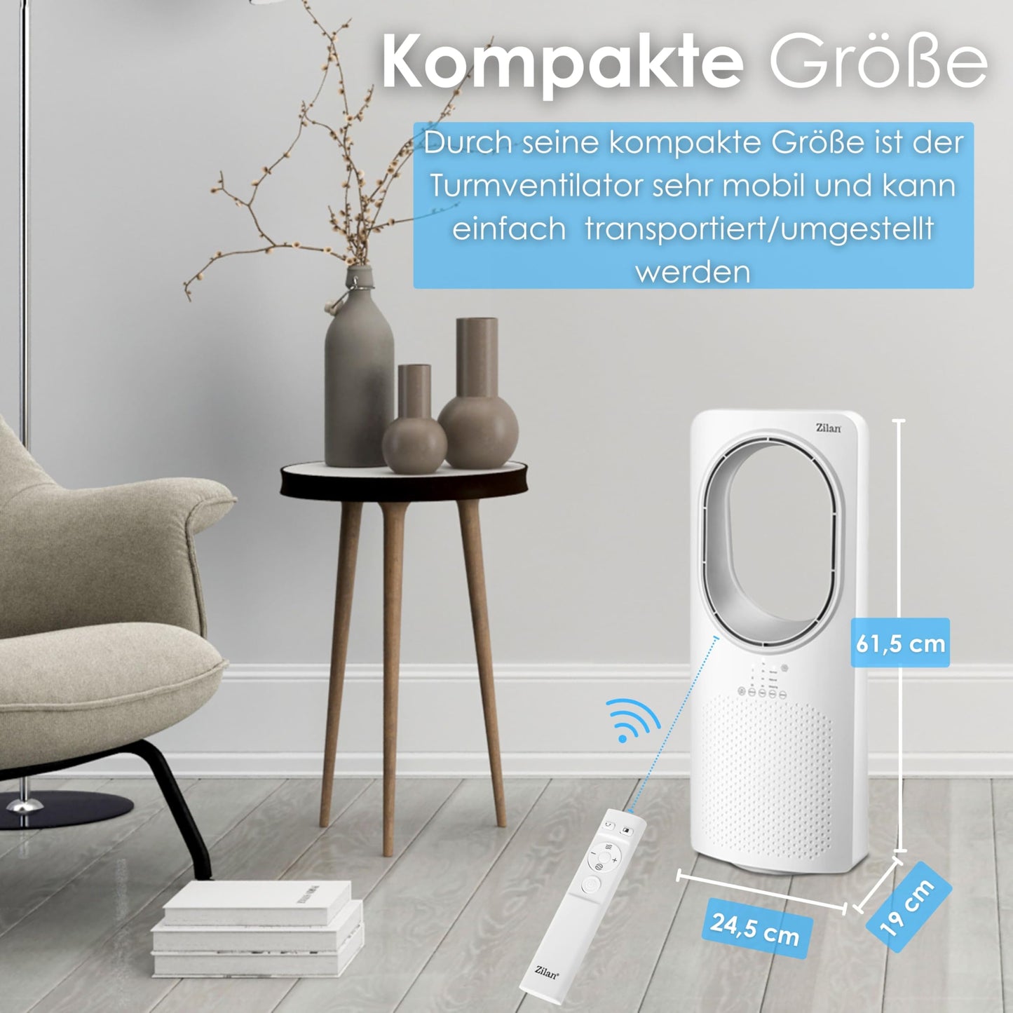 Zilan Turmventilator mit Fernbedienung, Aircooler, Standventilator Energiesparend und Leise, Oszillierend, Bodenventilator, Säulenventilator mit Kühlung, Mobile Klimaanlage