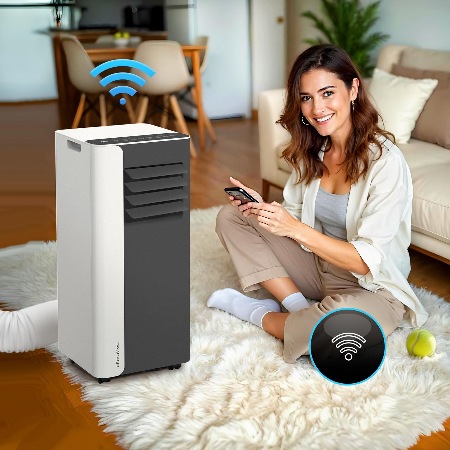 Climative Mobile Klimaanlage 9000 BTU, WiFi Tuya Smart, 2.6 kW, 3-in-1 Portable Air Conditioner, Mit Abluftschlauch, Für Räume bis 26m², Fensterabdichtung