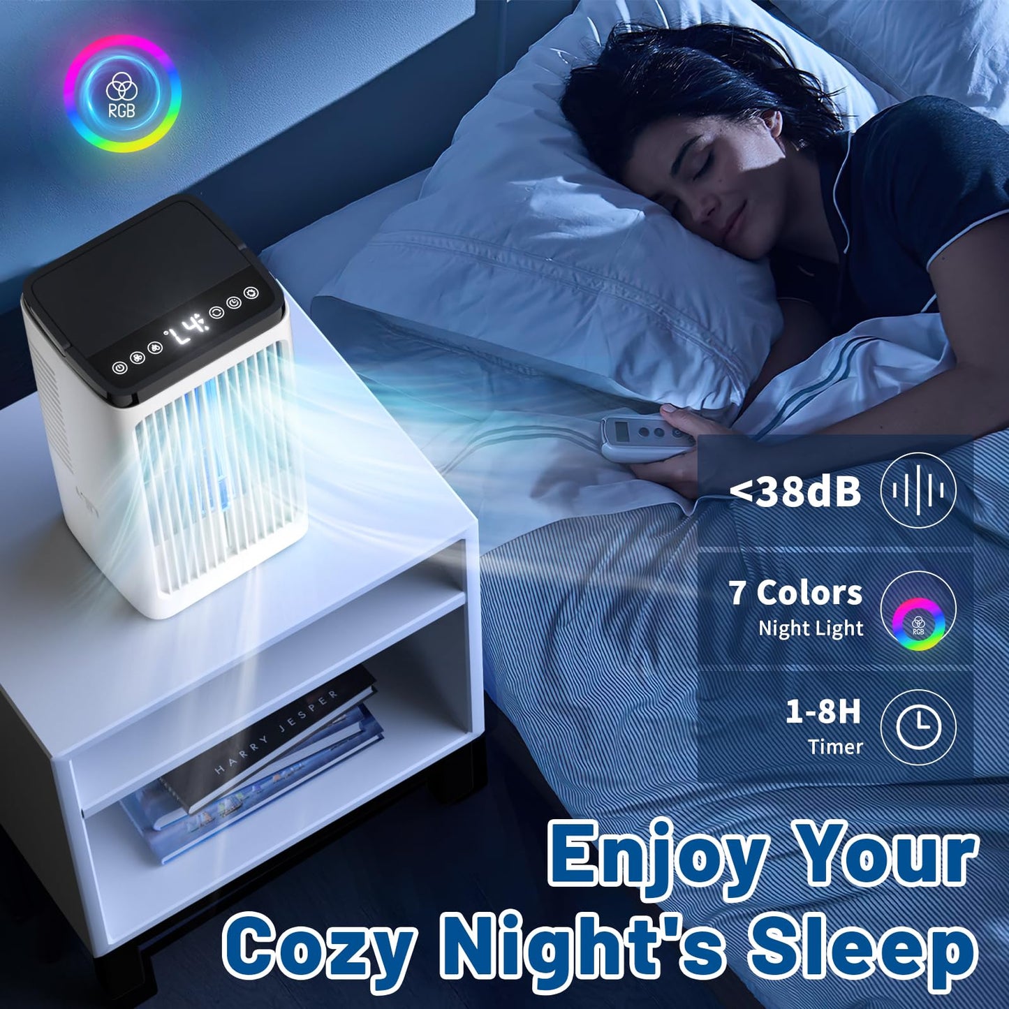 Mobile Klimaanlage, 1500ML Ventilator, 4 Geschwindigkeiten, 7-Farbige LED-Beleuchtung, 2 Sprühfunktionen, 1-8 Stunden Timer, Ideal für Schlafzimmer und Büros