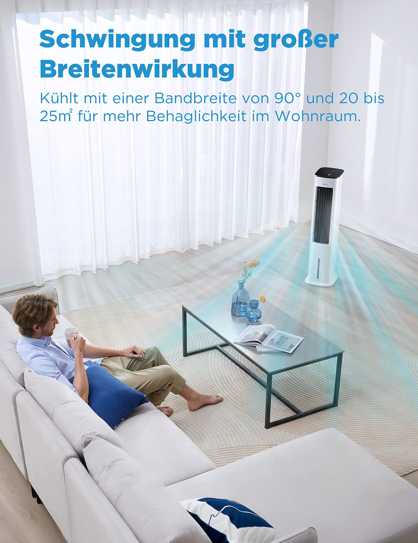 Midea 4-in-1 Mobile Klimaanlage ohne Abluftschlauch, Turmventilator mit Wasserkühlung & Luftbefeuchter, 5L Wassertank, 355m³/h Luftstrom, Ionisation, Fernbedienung, 55W, Weiß