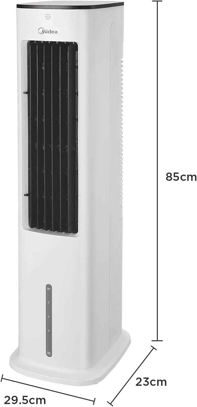 Midea 4-in-1 Mobile Klimaanlage ohne Abluftschlauch, Turmventilator mit Wasserkühlung & Luftbefeuchter, 5L Wassertank, 355m³/h Luftstrom, Ionisation, Fernbedienung, 55W, Weiß
