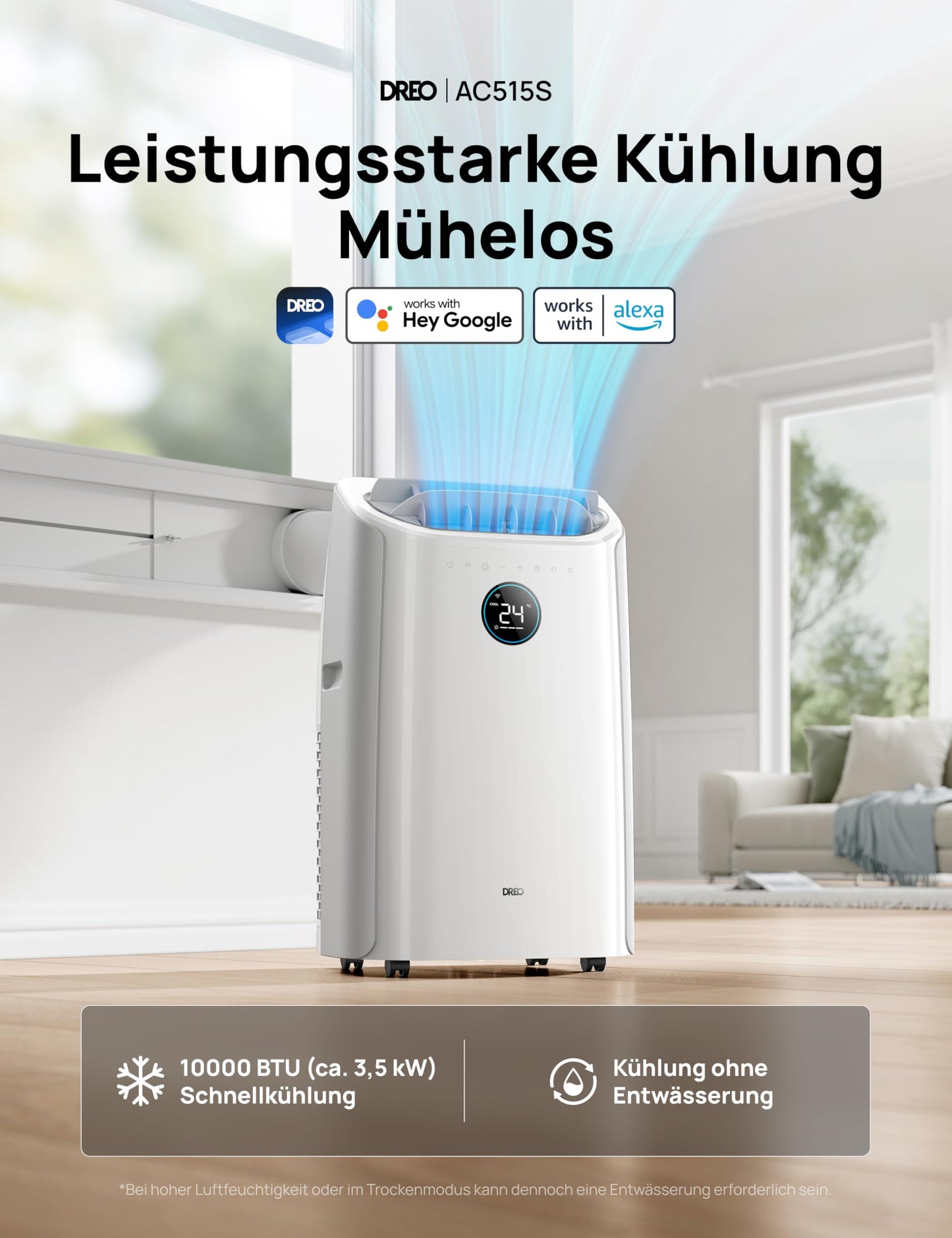 Dreo Tragbare Klimaanlage 10.000 BTU, AC Einheit für Schlafzimmer, Drainagefreie Kühlung, APP/Fernbedienung/Sprachsteuerung, 24h Timer, Ventilator & Luftentfeuchter, AC515S