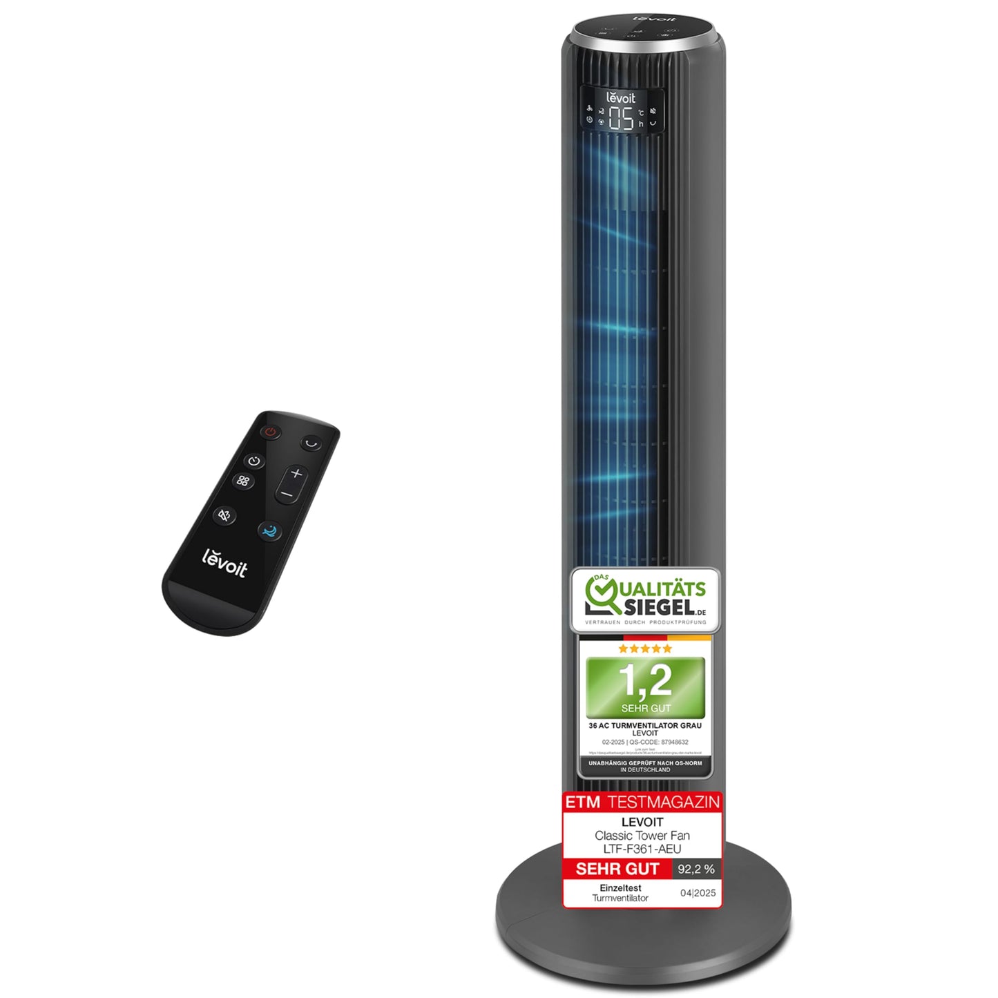 Levoit Turmventilator Leise mit Kühlung, Oszillierender Säulenventilator, Fernbedienung, 5 Geschwindigkeiten, 4 Modi, 12 Std Timer, Fortschrittliches Schlafmodus, Grau