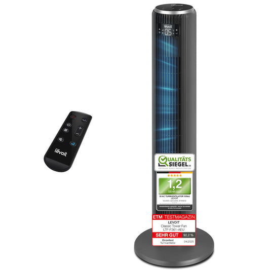 Levoit Turmventilator Leise mit Kühlung, Oszillierender Säulenventilator, Fernbedienung, 5 Geschwindigkeiten, 4 Modi, 12 Std Timer, Fortschrittliches Schlafmodus, Grau