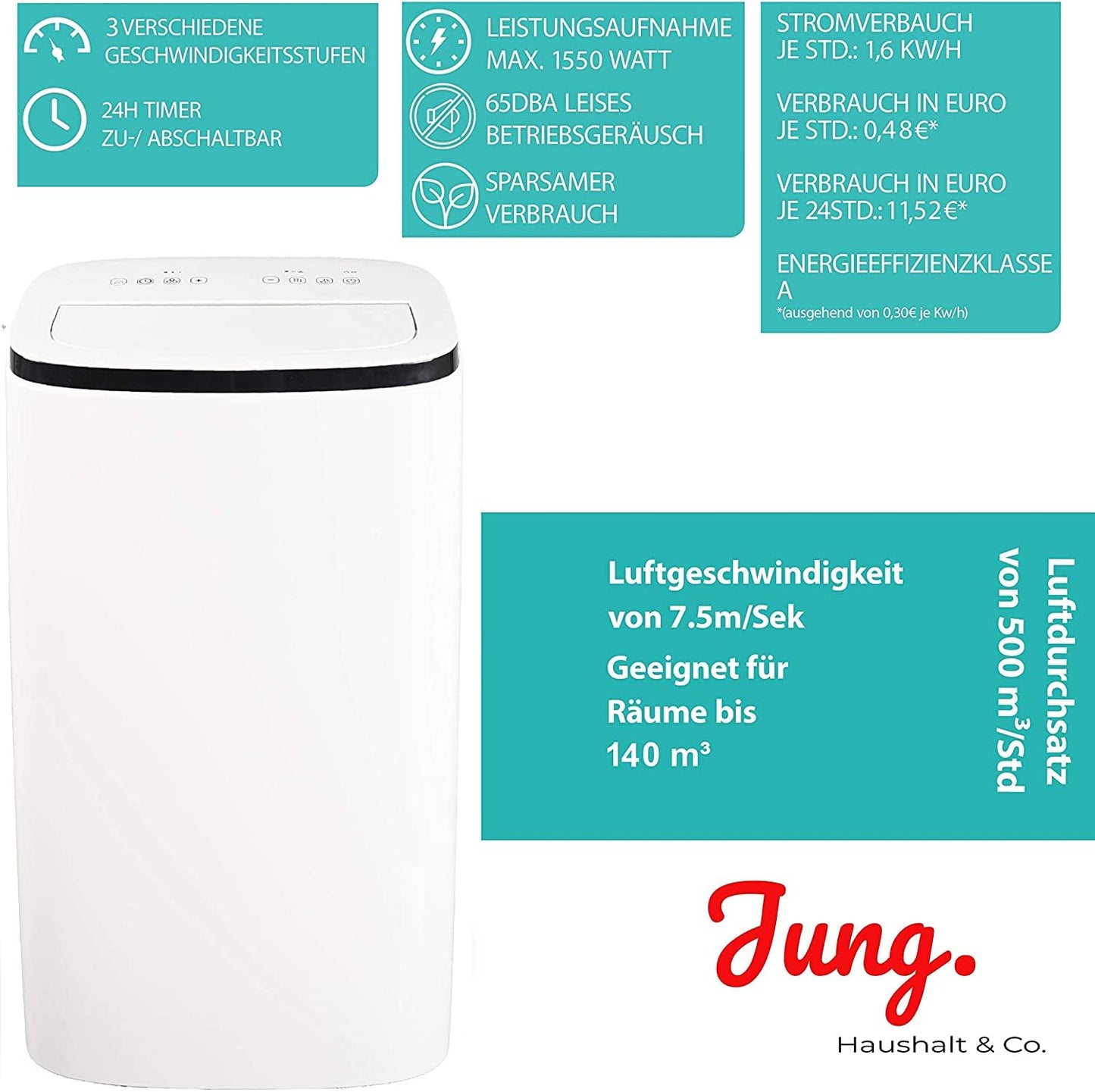 Jung AIR TV07 Mobile Klimaanlage, 4.1KW / 14000 BTU, Fernbedienung, 60dB, 24h-Timer, Entfeuchtungsfunktion, Klimagerät mit Abluftschlauch, Energieklasse A, 140m³ Raum Kühlung, Weiß