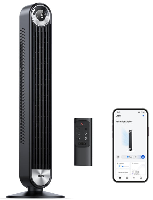 Dreo Cruiser Pro T2S Smart Turmventilator mit Kühlung, 106cm, WiFi Alexa, 90° Oszillierender Ventilator, Fernbedienung, 9 Geschwindigkeiten, 4 Modi, 12 Std Timer, Sprachsteuerung, Schwarz