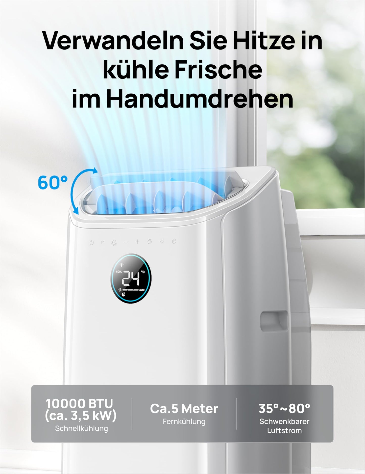 Dreo Tragbare Klimaanlage 10.000 BTU, AC Einheit für Schlafzimmer, Drainagefreie Kühlung, APP/Fernbedienung/Sprachsteuerung, 24h Timer, Ventilator & Luftentfeuchter, AC515S